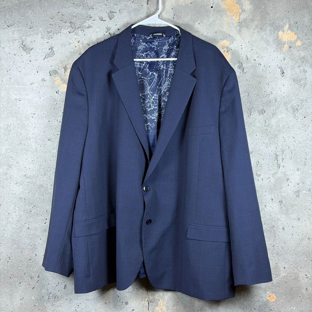 Nautica Blazer Jacket Mens 58 Navy Blue Check Stretch Single Breasted Business